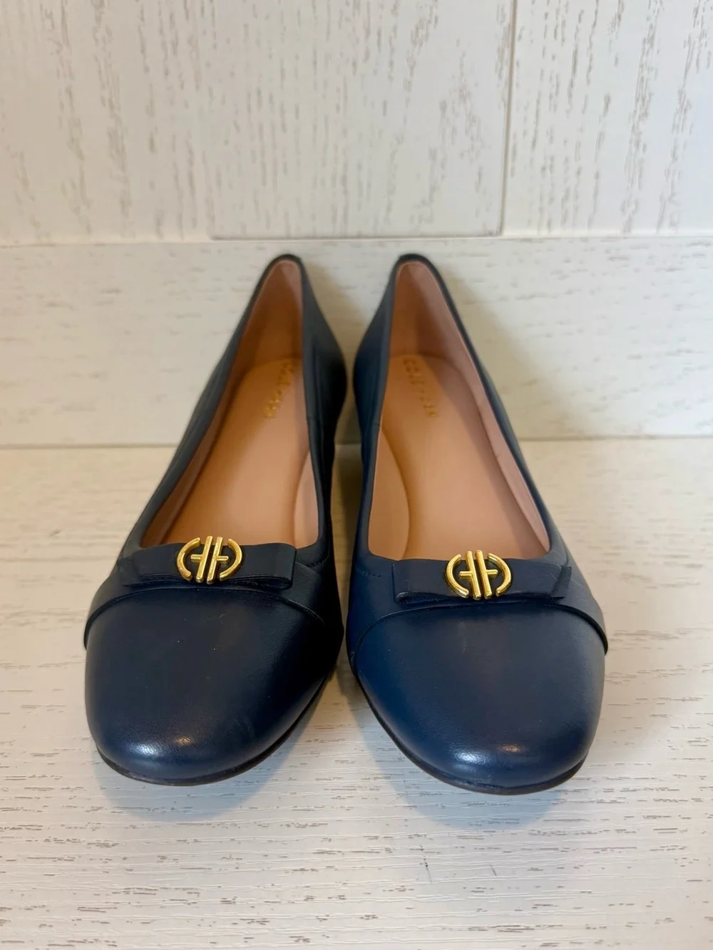 Cole Haan Navy Leather wedge pumps new without box size 8